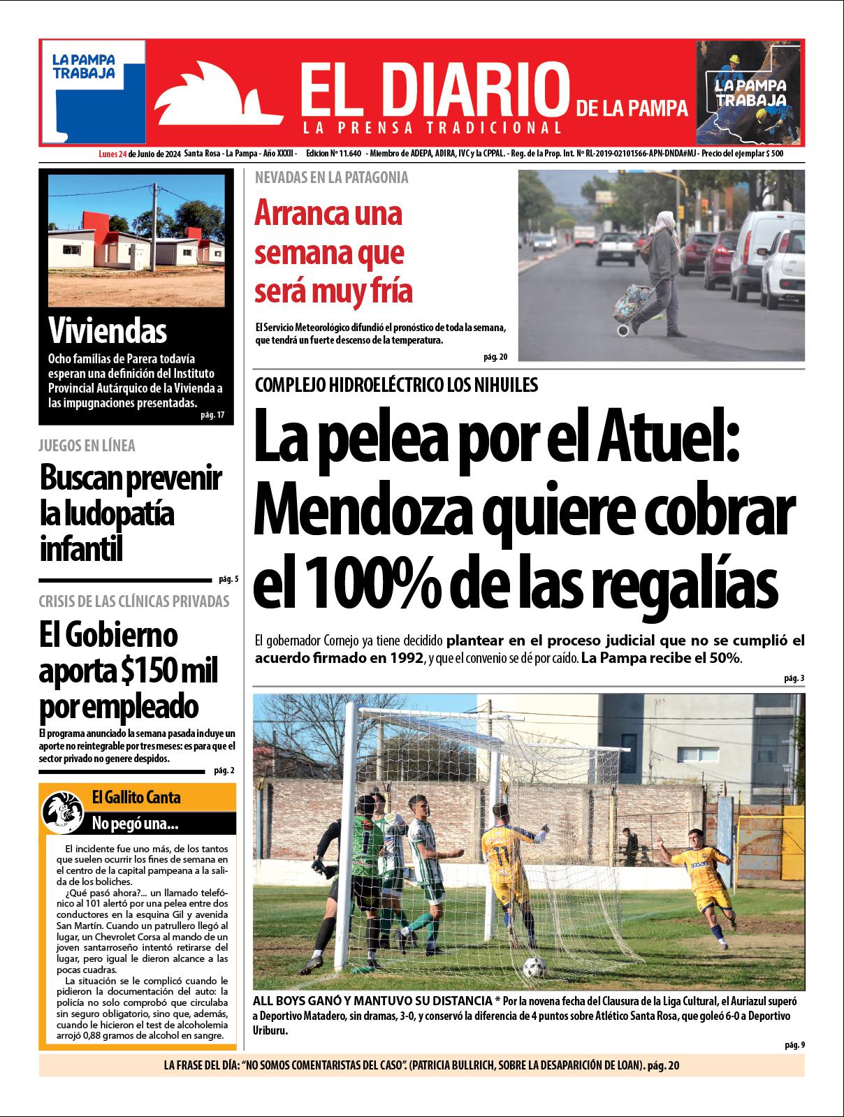 Tapa de El Diario en papel  lunes 24 de junio de 2024
